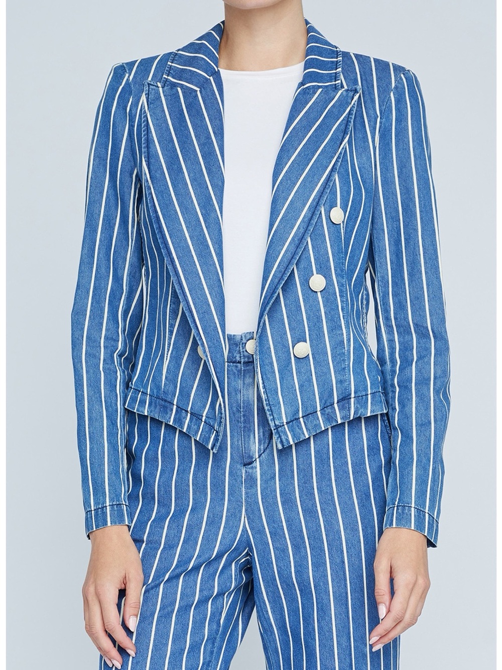 L'AGENCE Blue and White Striped Double-Breasted Blazer